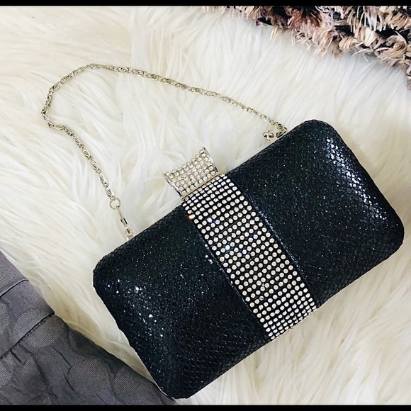 CRYSTAL ENCRUSTED EVENING BAG beaded EVENING BAG black w chain TIMELESS CLASSIC - Picture 6 of 10